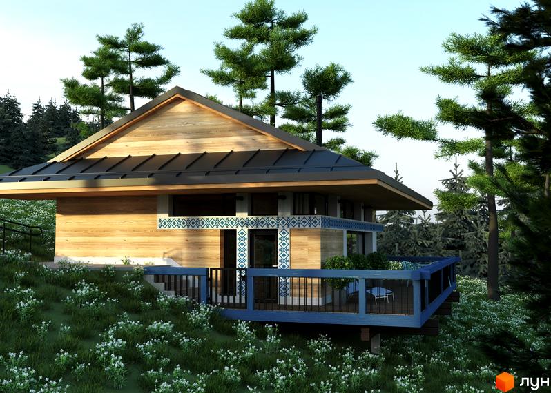 Котеджне містечко КМ GORA: дерев'яний будинок з панорамними вікнами та синьою терасою на схилі гори, оточений соснами та квітами.