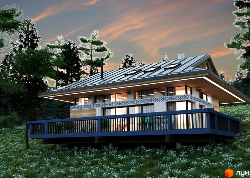 Котеджне містечко КМ GORA: двоповерховий будинок з великими вікнами та терасою на схилі, оточений деревами та квітучою галявиною.