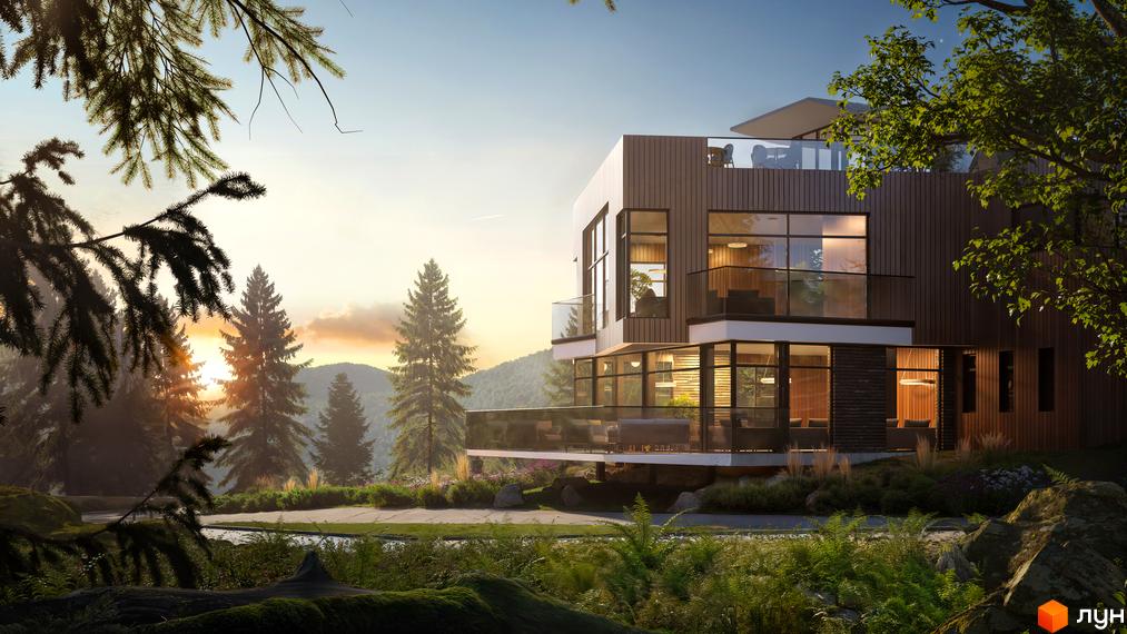 Котеджне містечко КМ GORA: триповерховий будинок з панорамними вікнами та балконами оточений деревами та гірським ландшафтом.