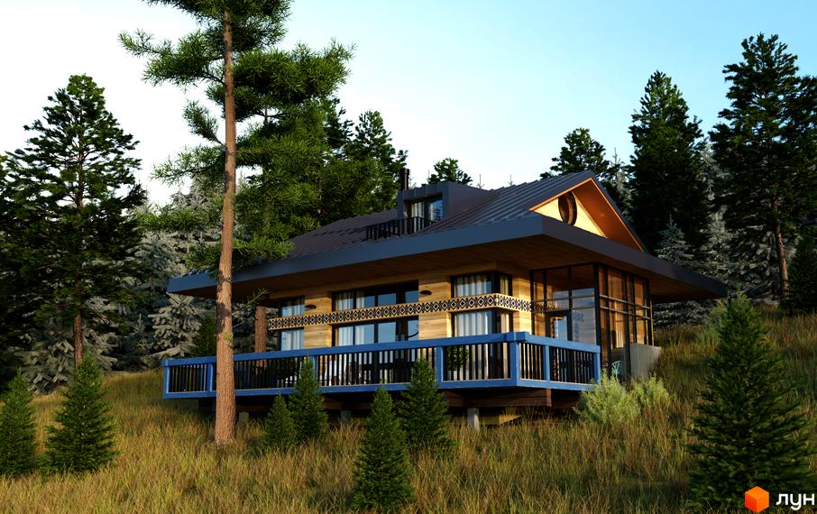 Котеджне містечко КМ GORA: дерев'яний будинок з панорамними вікнами та терасою серед соснового лісу. Навколо будинку зелені ялинки та висока трава.