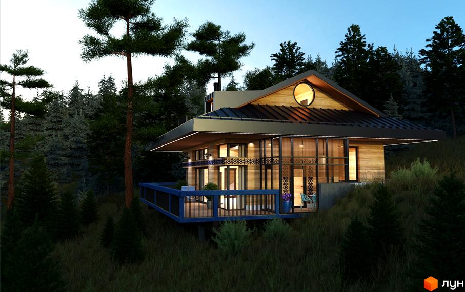 Котеджне містечко КМ GORA: двоповерховий будинок з великими вікнами та терасою, оточений соснами та травою.