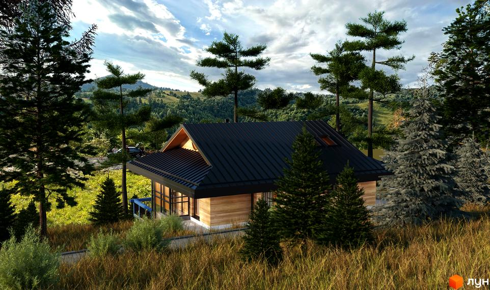 Котеджне містечко КМ GORA: дерев'яний будинок з чорною металевою покрівлею серед сосен на схилі гори. Навколо зелені пагорби та хмарне небо.