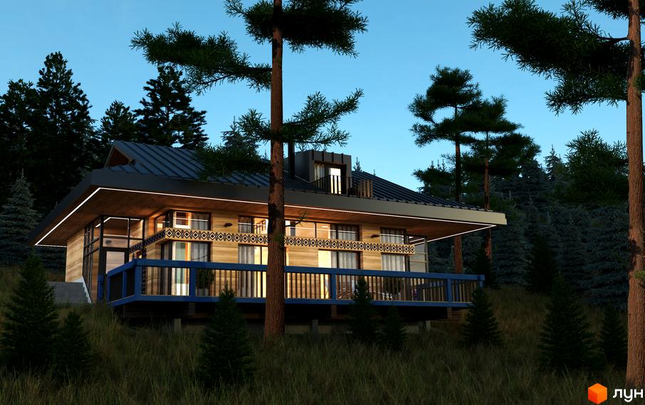 Котеджне містечко КМ GORA: двоповерховий будинок з дерев'яним фасадом та блакитною верандою, оточений соснами. Затишна атмосфера лісової місцевості.