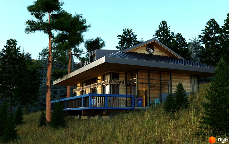 Котеджне містечко КМ GORA: дерев'яний будинок з великими вікнами та синьою терасою на схилі гори, оточений соснами та високою травою.