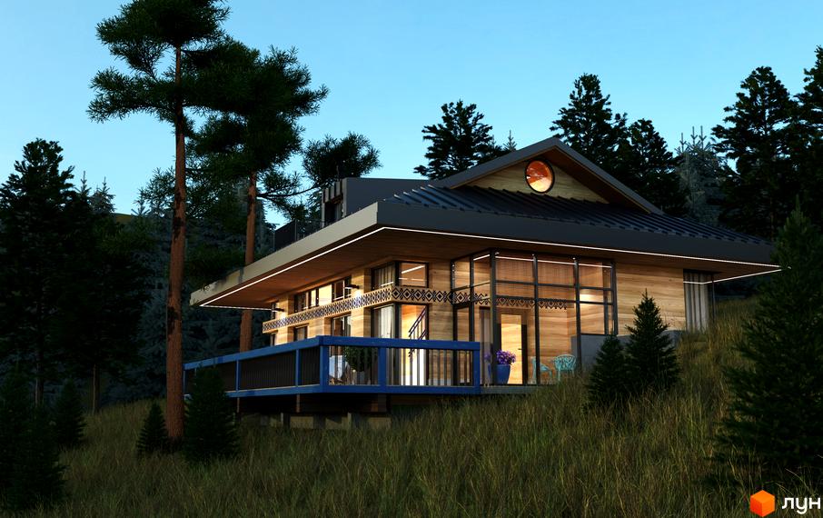 Котеджне містечко КМ GORA: дерев'яний будинок з великими вікнами та терасою на схилі пагорба, оточений соснами.