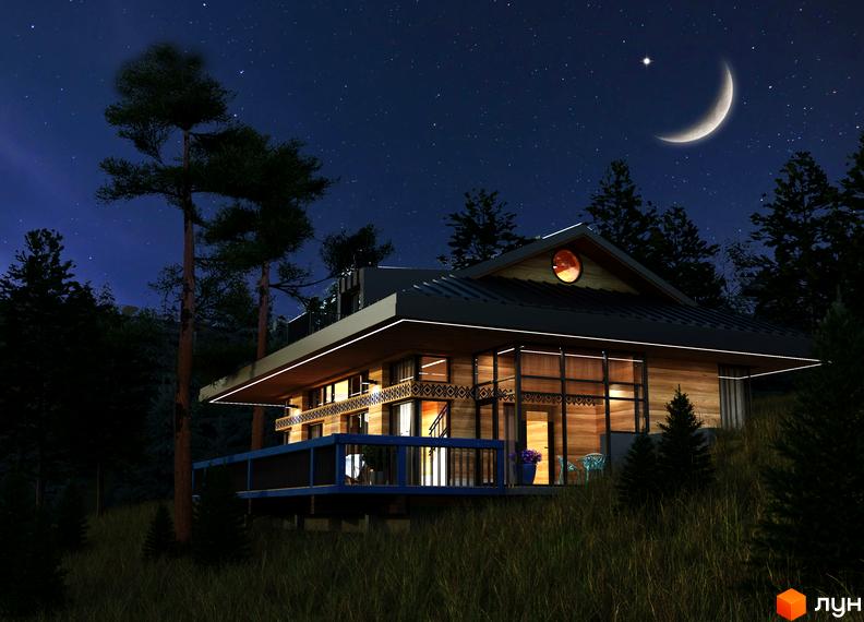 Котеджне містечко КМ GORA: дерев'яний будинок з великими вікнами та балконом у лісі під зоряним небом.