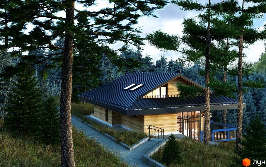 Котеджне містечко КМ GORA: дерев'яний будинок з темним дахом та вікнами на даху, розташований серед соснового лісу.