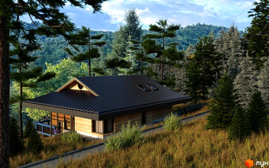 Котеджне містечко КМ GORA: одноповерховий будинок з темним дахом та дерев'яними стінами, розташований серед дерев та зелених схилів.
