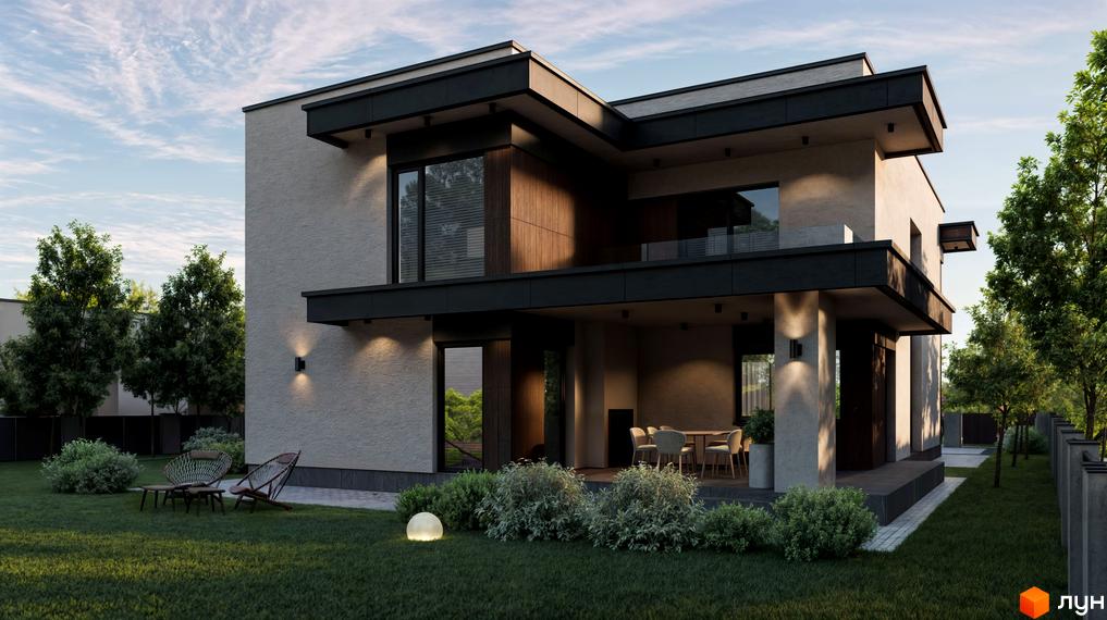 Котеджне містечко БІЛЯ ЛІСУ. Зовнішній вигляд двоповерхового будинку з терасою та прибудинковою територією з газоном та місцями для відпочинку.