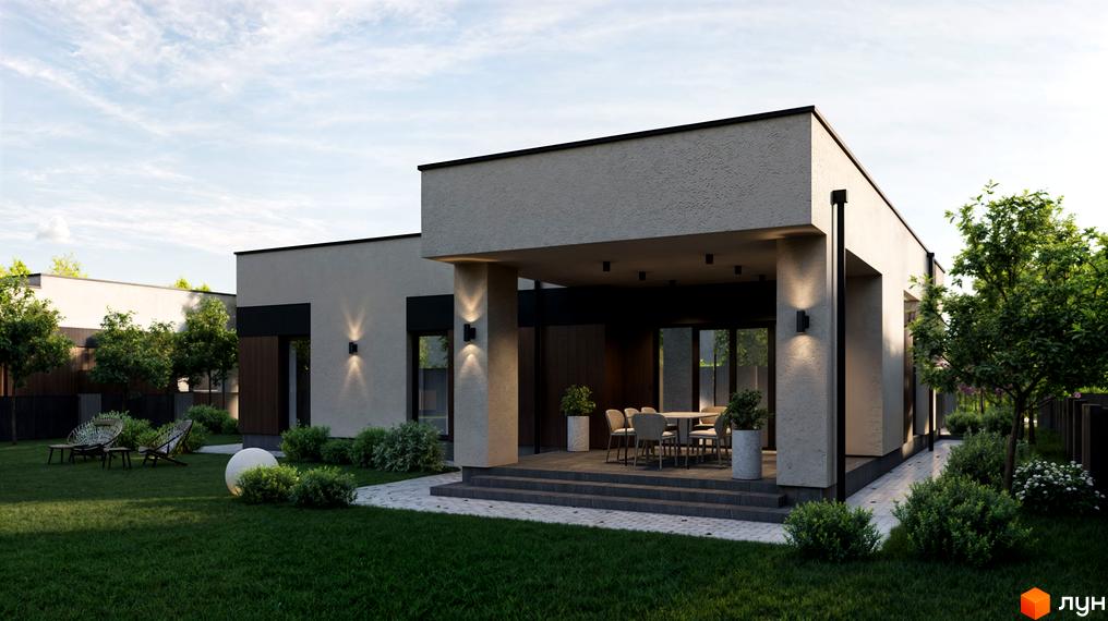 Котеджне містечко КМ БІЛЯ ЛІСУ: одноповерховий будинок з терасою та зоною відпочинку на прибудинковій території.