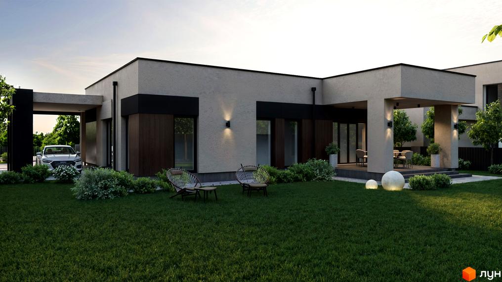 Сучасний котеджний комплекс КМ БІЛЯ ЛІСУ з доглянутою прибудинковою територією та зоною відпочинку. Біля будинку розташований автомобіль та зелені насадження.