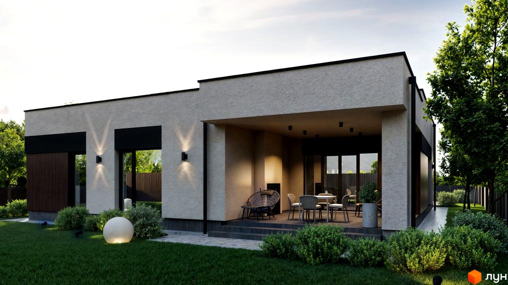 Зображення екстер'єру Котеджного містечка БІЛЯ ЛІСУ з терасою та ландшафтним дизайном. Навколо будинку зелений газон та декоративні кущі.