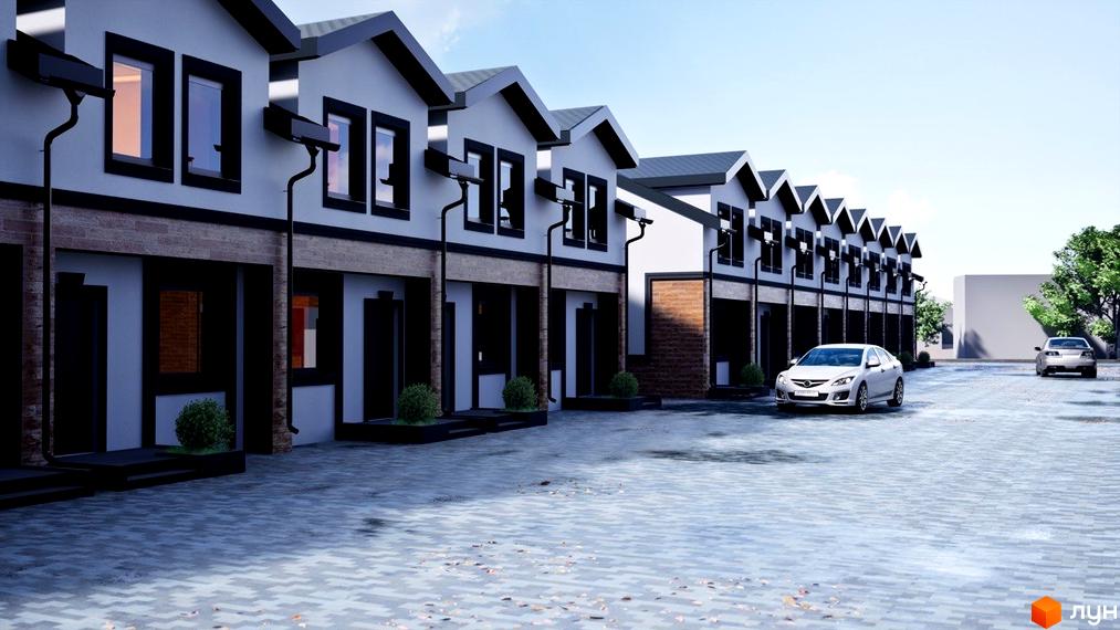 Зображення сторінки Житлового комплексу по вул. Микільська, 23, 25. Вигляд новобудови та прибудинкової території з автомобілями.