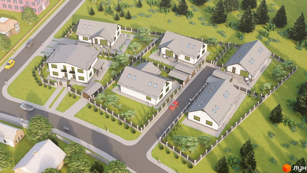 Зображення Котеджного містечка на вулиці Підгірна, 6. На фото будинки з сірими дахами та прибудинкова територія з деревами та газонами.