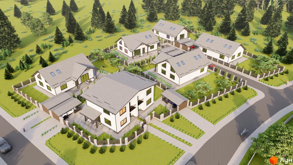 Вигляд на будинки та прибудинкову територію Житлового комплексу на вул. Підгірна, 6. Навколо новобудов зелені насадження та дерева.