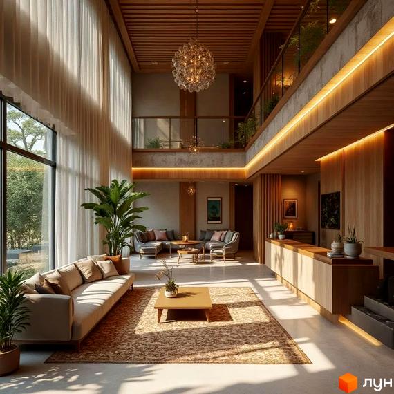 Інтер'єр вітальні житлового комплексу XO RESIDENCE з високими стелями, великими вікнами та сучасними меблями. Просторий зал з двома рівнями та дизайнерським освітленням.