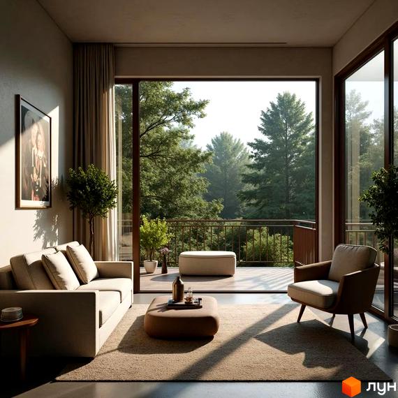 Інтер'єр кімнати з великим вікном та видом на ліс у XO RESIDENCE. Зручний диван, крісло та килим створюють затишну атмосферу.