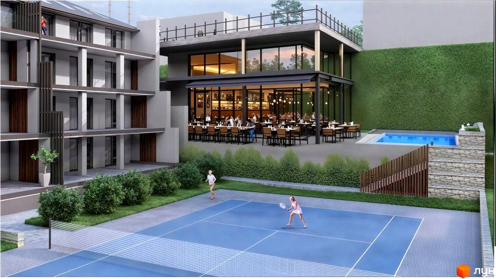 Зображення Житлового комплексу XO RESIDENCE з тенісним кортом та басейном на прибудинковій території.