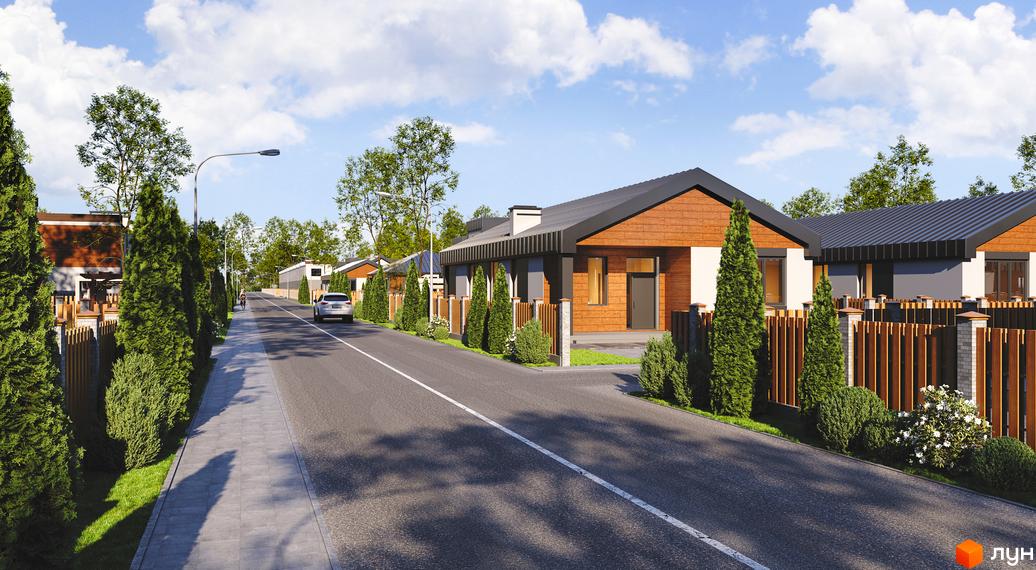 Котеджне містечко КМ Secret Lake House: одноповерхові будинки з дерев'яним фасадом та парканом. Асфальтована дорога з тротуаром та зеленими насадженнями.