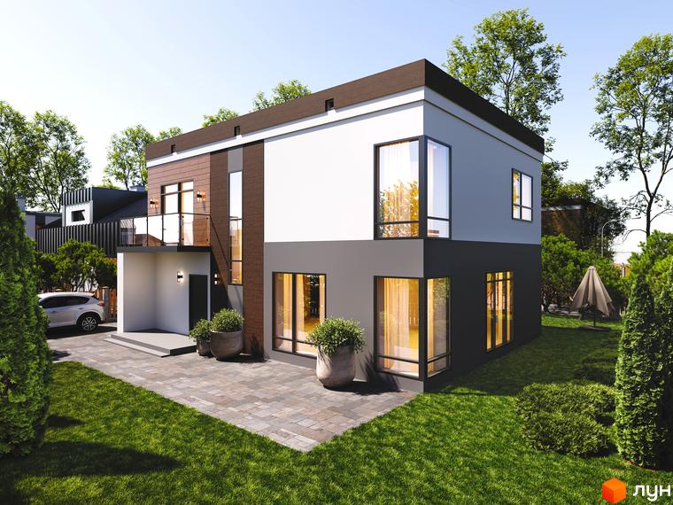 Зображення фасаду будинку в Котеджному містечку Secret Lake House. Навколо будинку зелений газон та декоративні рослини.