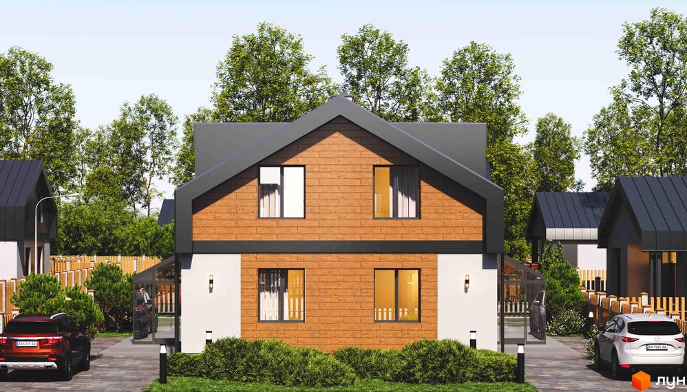 Зображення двоповерхового будинку з оздобленням під дерево в Котеджному містечку Secret Lake House. Навколо зелені насадження та доглянутий двір.