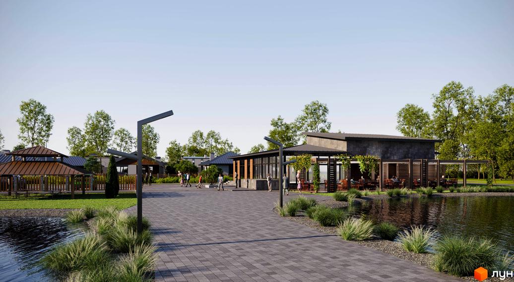 Котеджне містечко КМ Secret Lake House з зоною відпочинку біля озера та зеленими насадженнями. На території розташовані альтанки, тераси та місця для прогулянок.