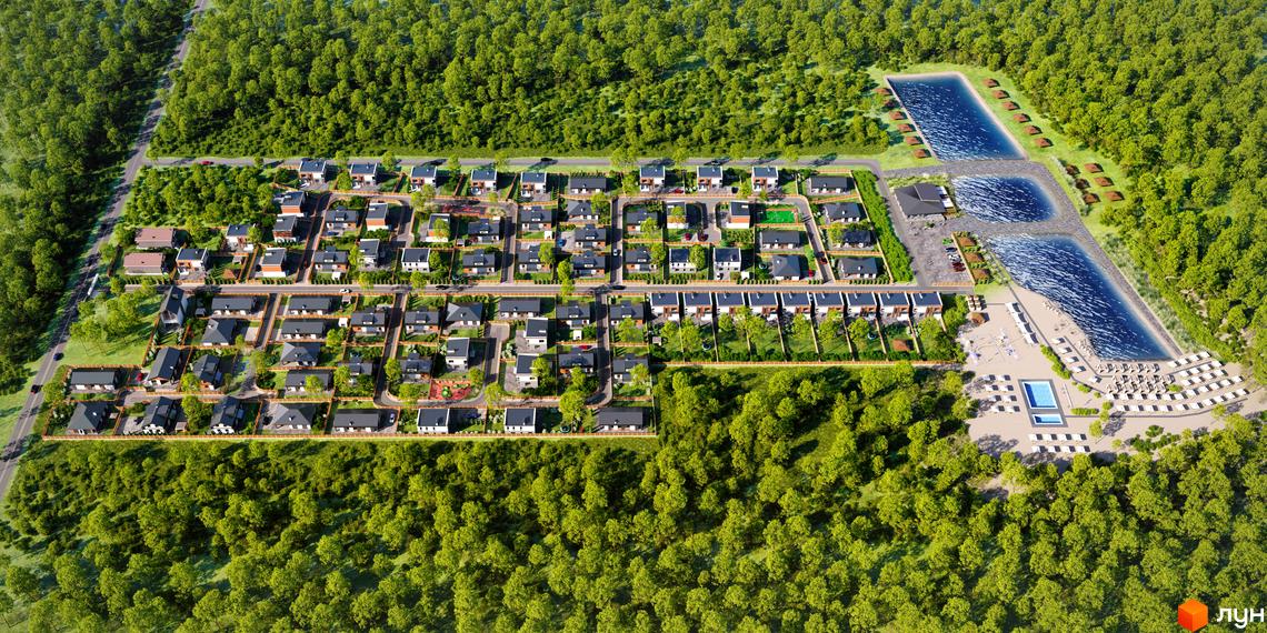 Вид зверху на Котеджне містечко Secret Lake House з будинками, басейнами та озерами. Навколо комплексу зелений ліс.