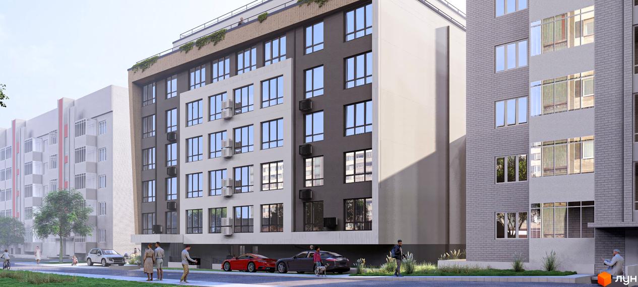 Житловий комплекс Рівна 19 - це багатоповерховий будинок з сірими та білими фасадами, великими вікнами та кондиціонерами, розташований біля дороги з автомобілями та пішоходами.