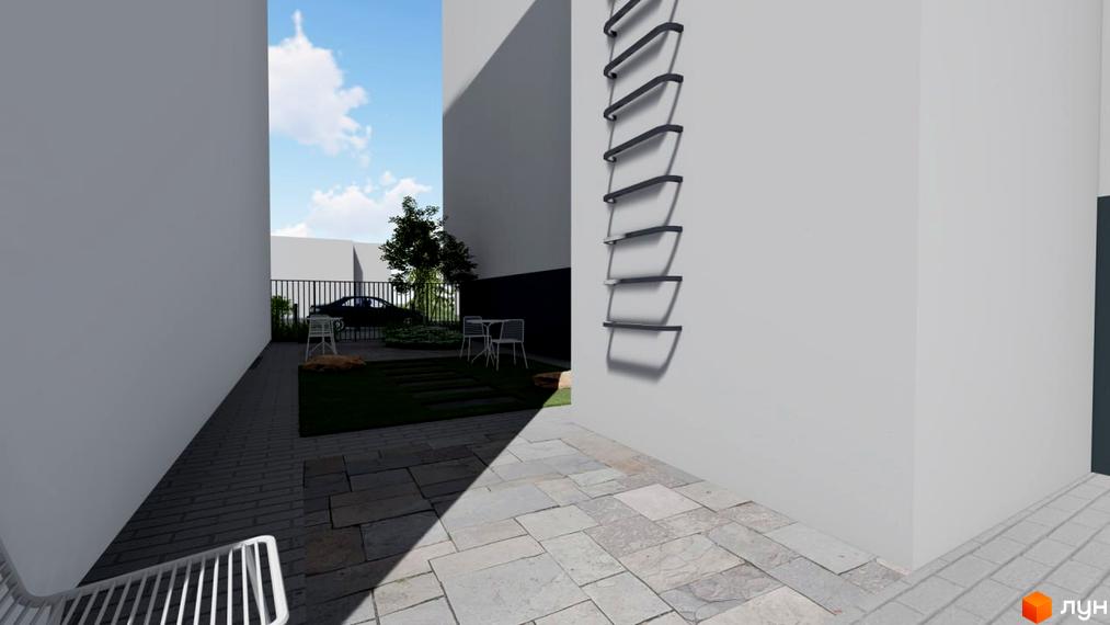 Зображення двору Житлового комплексу Рівна 19 з ландшафтним дизайном та місцями для відпочинку. Вигляд фасаду будинку.