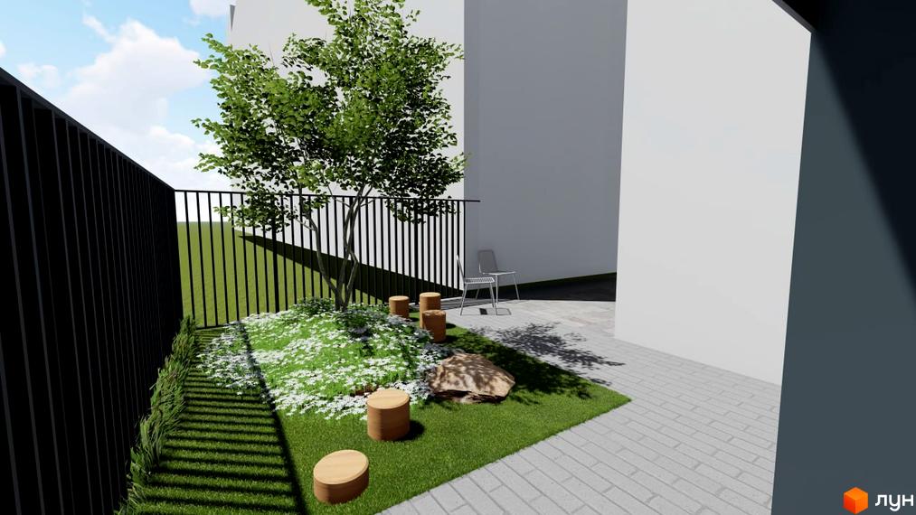 Зовнішній вигляд новобудови ЖК Рівна 19 з прибудинковою територією, що включає зелену зону з деревом та місцями для відпочинку.