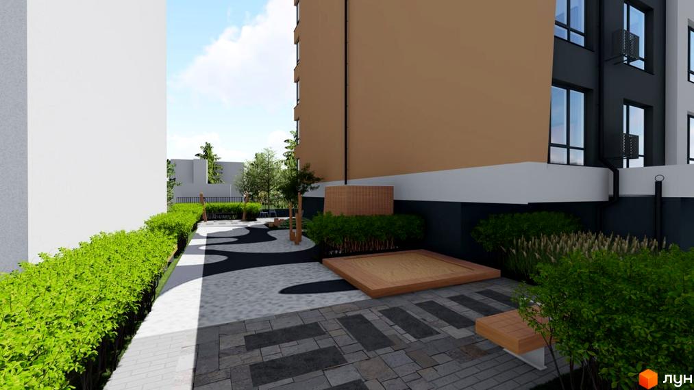 Зображення прибудинкової території Житлового комплексу Рівна 19 з ландшафтним дизайном та пісочницею.