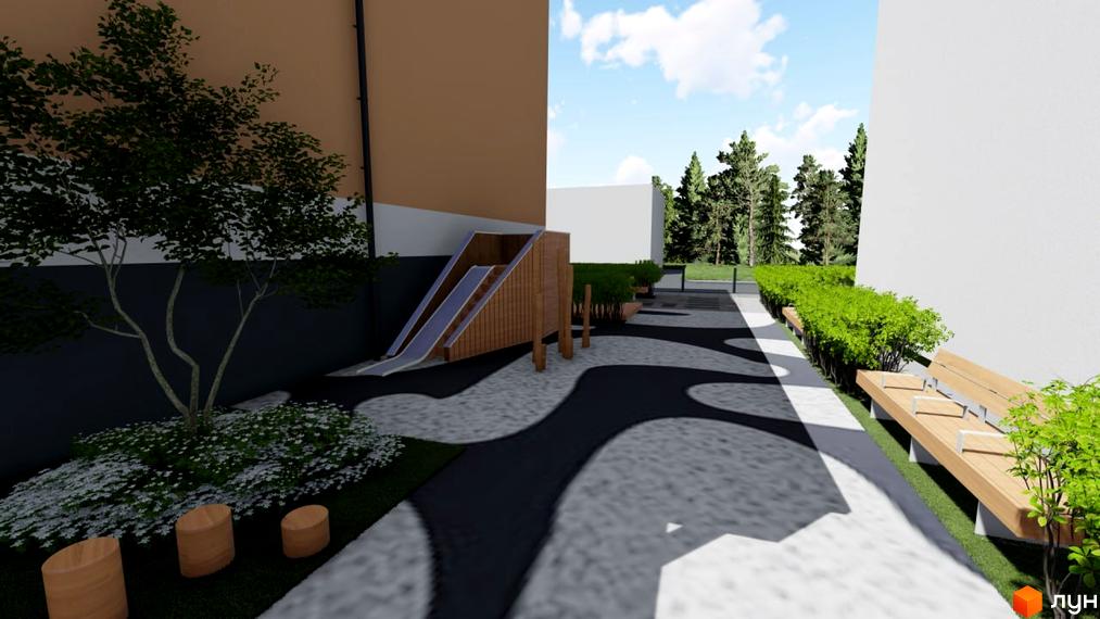 Житловий комплекс Рівна 19 має сучасний дизайн фасаду та облаштовану прибудинкову територію з дитячим майданчиком та зонами відпочинку.