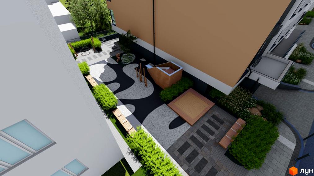 Вигляд зверху на Житловий комплекс Рівна 19 з дитячим майданчиком та ландшафтним дизайном. Будівля з великими вікнами та світлим фасадом.