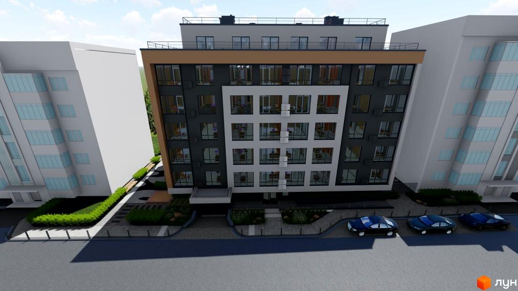 Зовнішній вигляд житлового комплексу Рівна 19 з фасадами темного та світлого кольору, великими вікнами та прибудинковою територією з зеленими насадженнями та автомобілями.