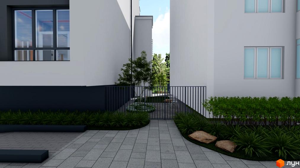 Зображення Житлового комплексу Рівна 19 з виглядом на фасад будинку та прибудинкову територію з ландшафтним дизайном.