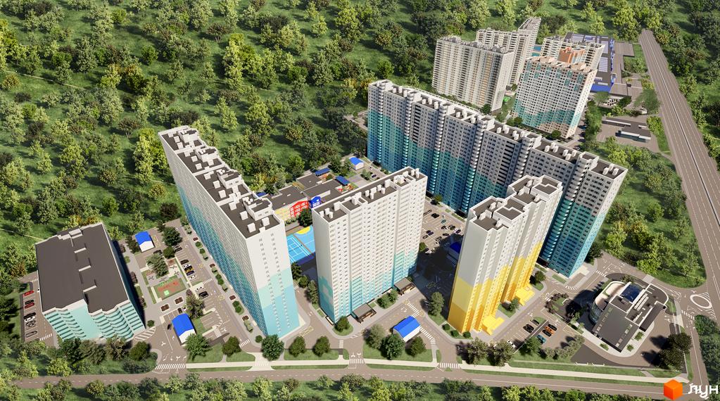 Житловий комплекс Одеський бульвар. Високі будинки з бірюзовими вставками на фасадах. На території комплексу є дитячі майданчики, парковки та зелені насадження.