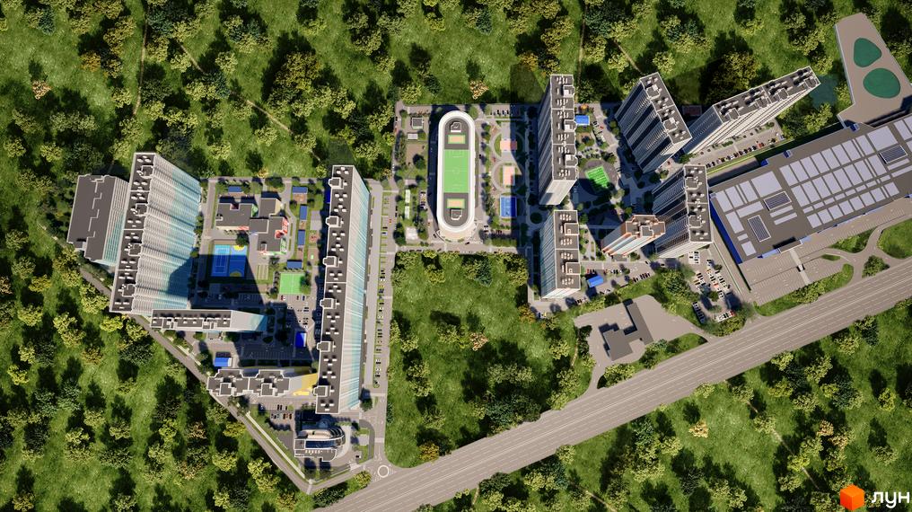 Аерофото Житлового комплексу Одеський бульвар: багатоповерхові будинки, великий стадіон, спортивні майданчики та зелені насадження.