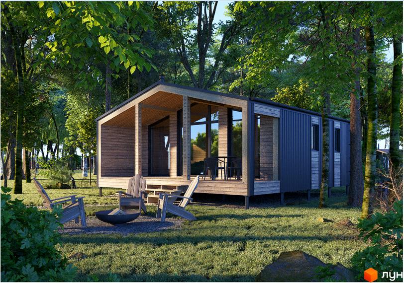 Зображення будинку в Котеджному містечку УЛІС Віняви. Дерев'яний будинок з великими вікнами на зеленій галявині серед дерев.