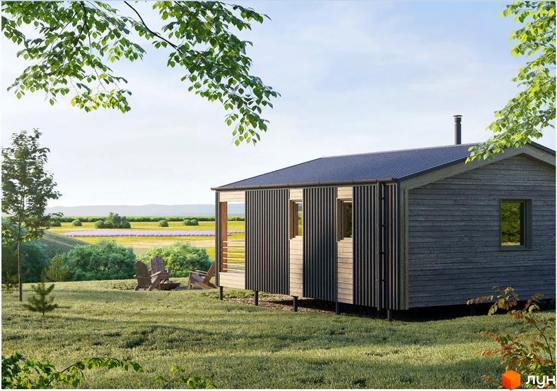 Зовнішній вигляд будинку з дерев'яною обшивкою та великими вікнами, розташованого на зеленій галявині з кріслами та вогнищем.