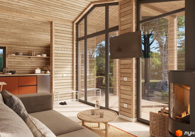 Вітальня з каміном та великими вікнами, що виходять на терасу з деревами. Сучасний дизайн інтер'єру з дерев'яними панелями.