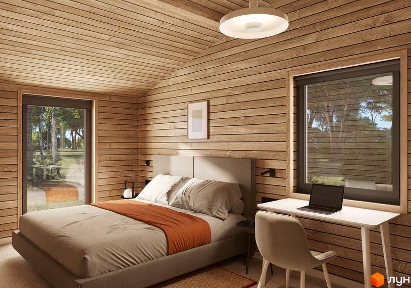 Інтер'єр спальні в Котеджне містечко УЛІС Віняви з дерев'яним оздобленням стін та великим вікном з видом на зелений ландшафт.