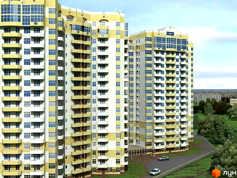 Житловий комплекс Фаворит з сучасною архітектурою та великими вікнами, оточений зеленими насадженнями та прибудинковою територією.