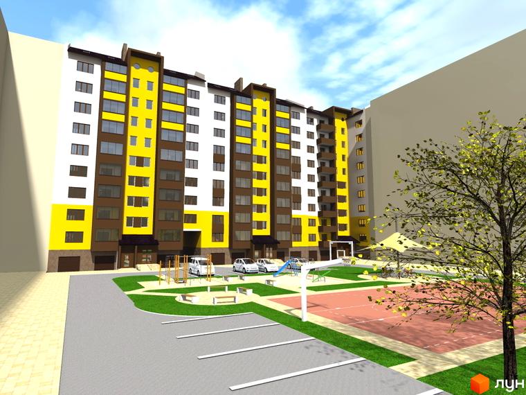 Житловий комплекс Арсеніївський двір. Багатоповерховий будинок з жовто-білими фасадами, дитячим майданчиком та спортивною зоною.