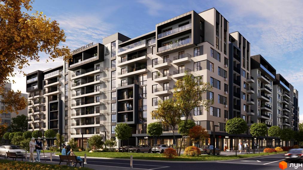 Зображення фасаду Житлового комплексу GARDEN CITY. Багатоповерхова будівля з великими вікнами та балконами, поруч зелена територія.