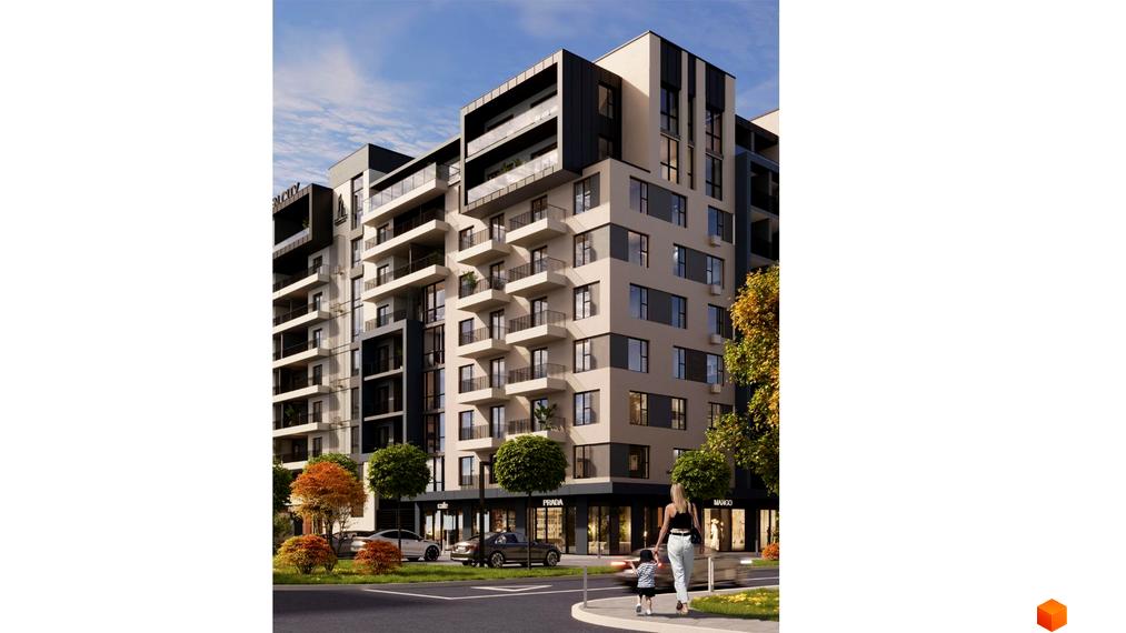 Житловий комплекс GARDEN CITY з балконами та вікнами, оточений деревами та магазинами на першому поверсі. На вулиці видно автомобілі та людей.