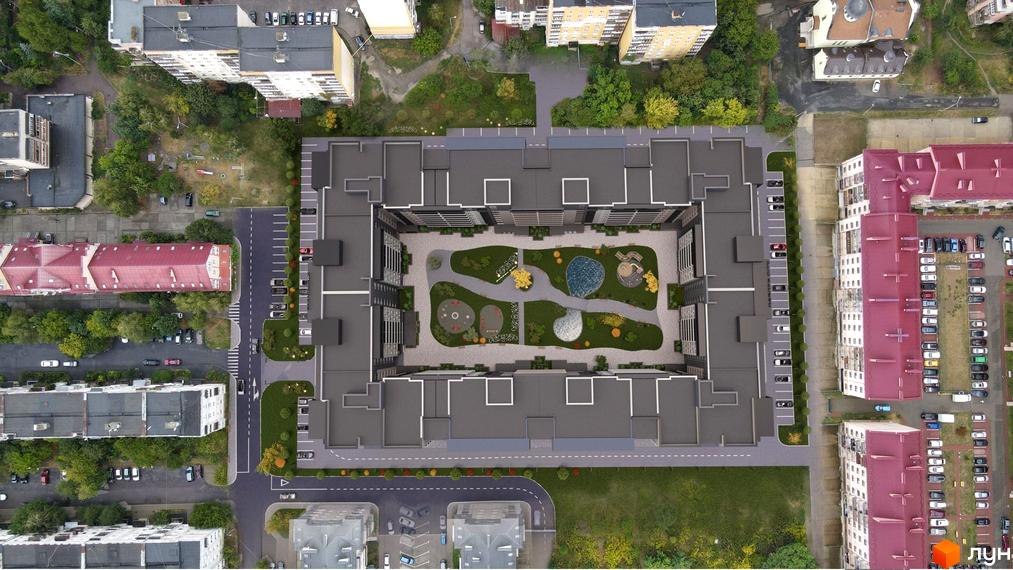 Вид зверху на житловий комплекс GARDEN CITY з внутрішнім двориком та прибудинковою територією з парковкою та зеленими зонами.