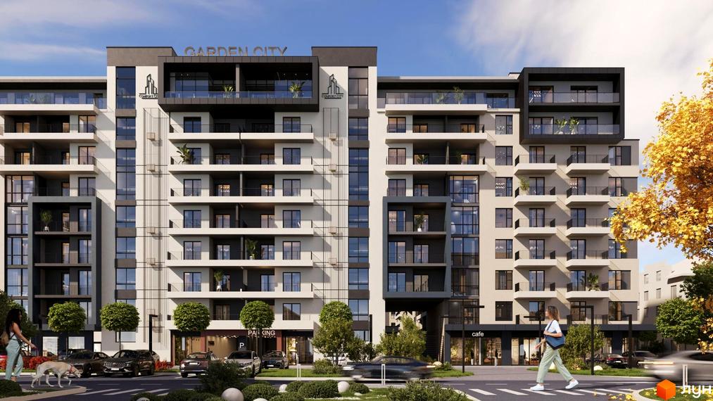 Новобудова GARDEN CITY з балконами та панорамними вікнами, прибудинкова територія з деревами та місцями для паркування.