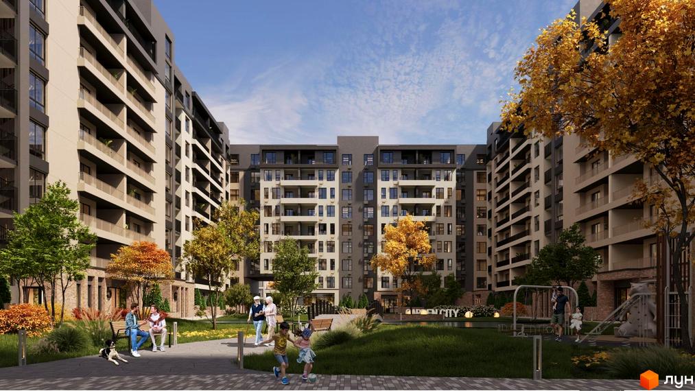 Житловий комплекс GARDEN CITY з сучасними фасадами та просторим внутрішнім двором з дитячим майданчиком та зонами відпочинку.