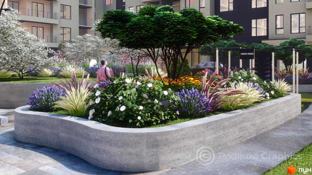 Зображення ландшафтного дизайну біля будинку в Житловому комплексі GARDEN CITY. На передньому плані клумба з різноманітними квітами.