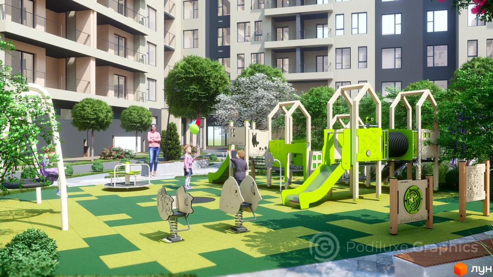 Житловий комплекс GARDEN CITY з дитячим майданчиком та зонами відпочинку. Сучасна архітектура та зелена прибудинкова територія.
